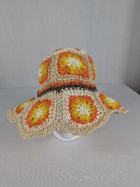 Steve Madden Straw Crochet Bucket Hat Granny Square Orange Yellow Sun Flower